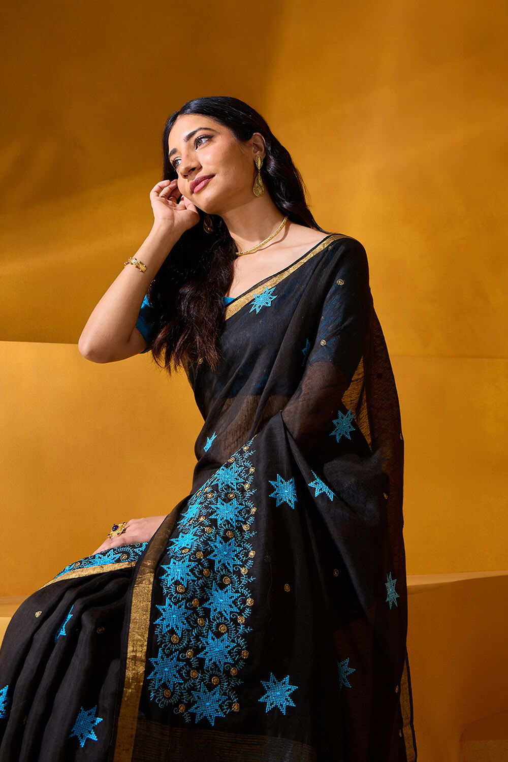 Black Pure Silk Linen Embroidered Saree image number null