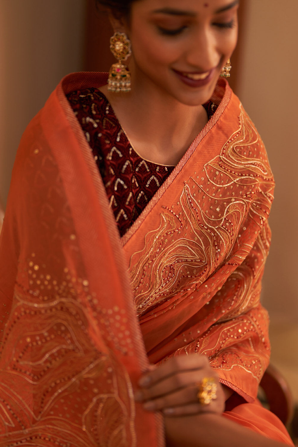 Orange Silk Viscose Embroidery Saree image number null