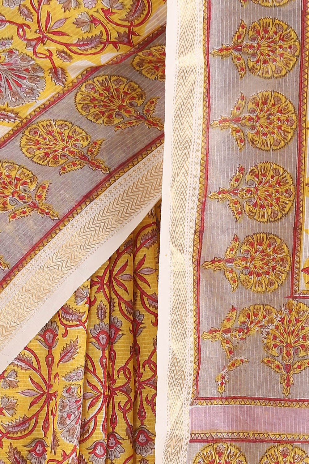 Dark Yellow Pure Silk Cotton Sanganeri Printed Saree image number null