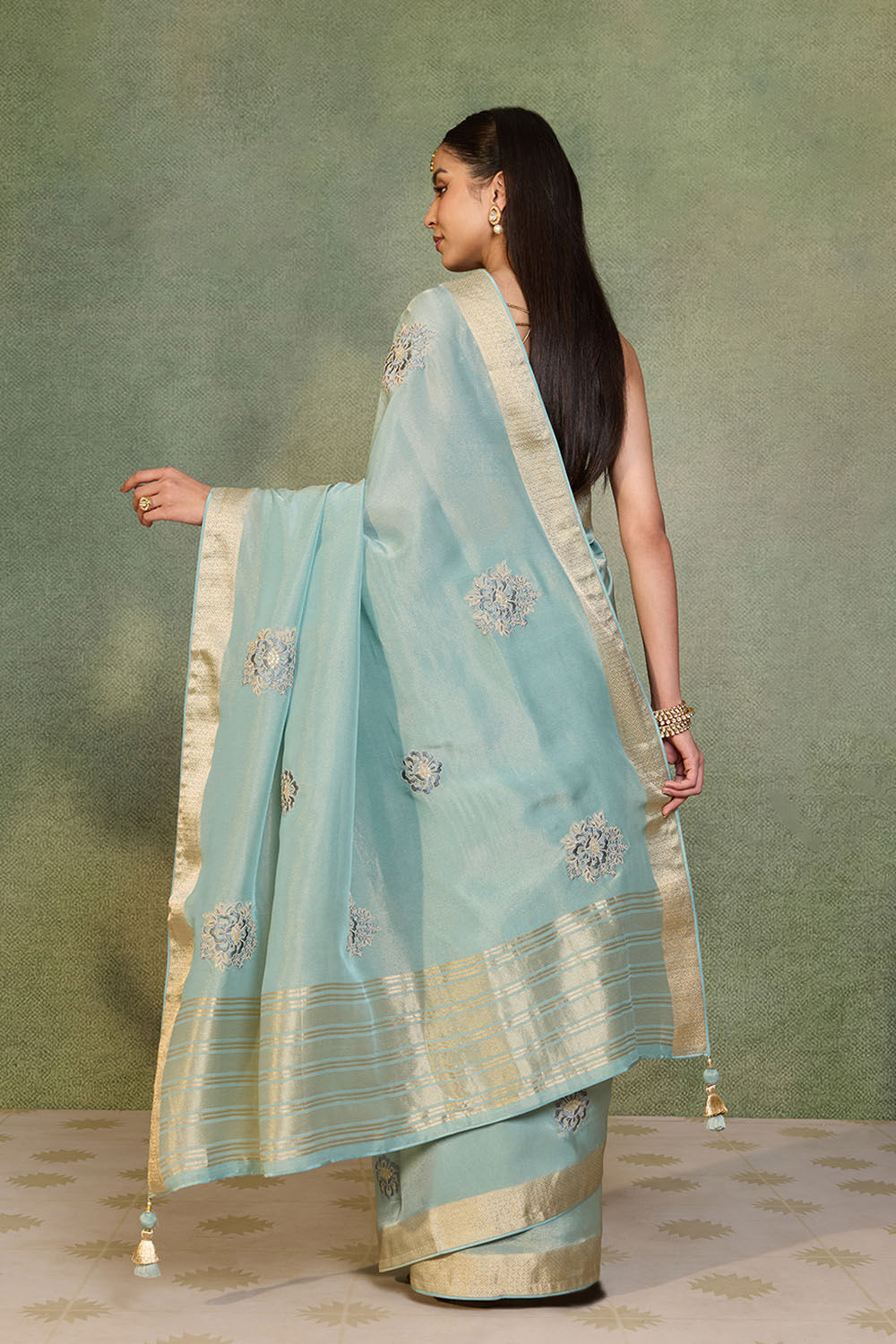 Light Blue   Viscose Tissue Embroidered Saree image number null
