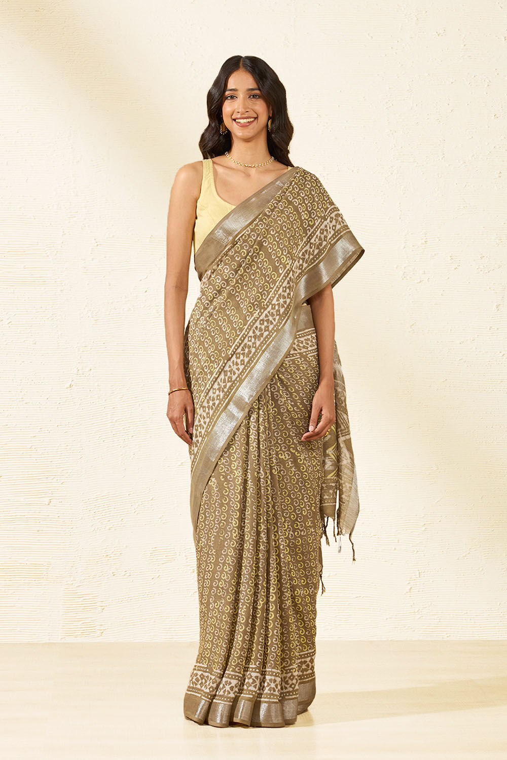 Brown Block Printed Cotton Viscose Saree image number null