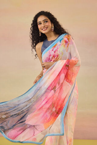 Light Pink Bengal Printed Embroidered Viscose Georgette Saree thumbnail image number null