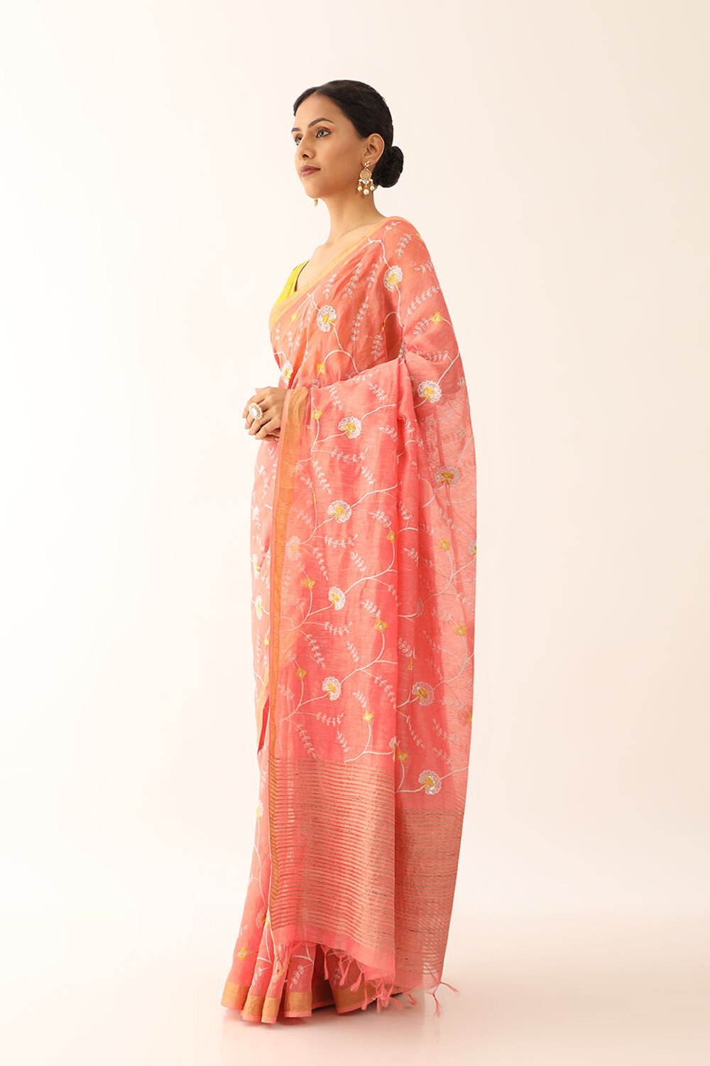 Orange Pure Silk Linen Embroidery Saree image number null