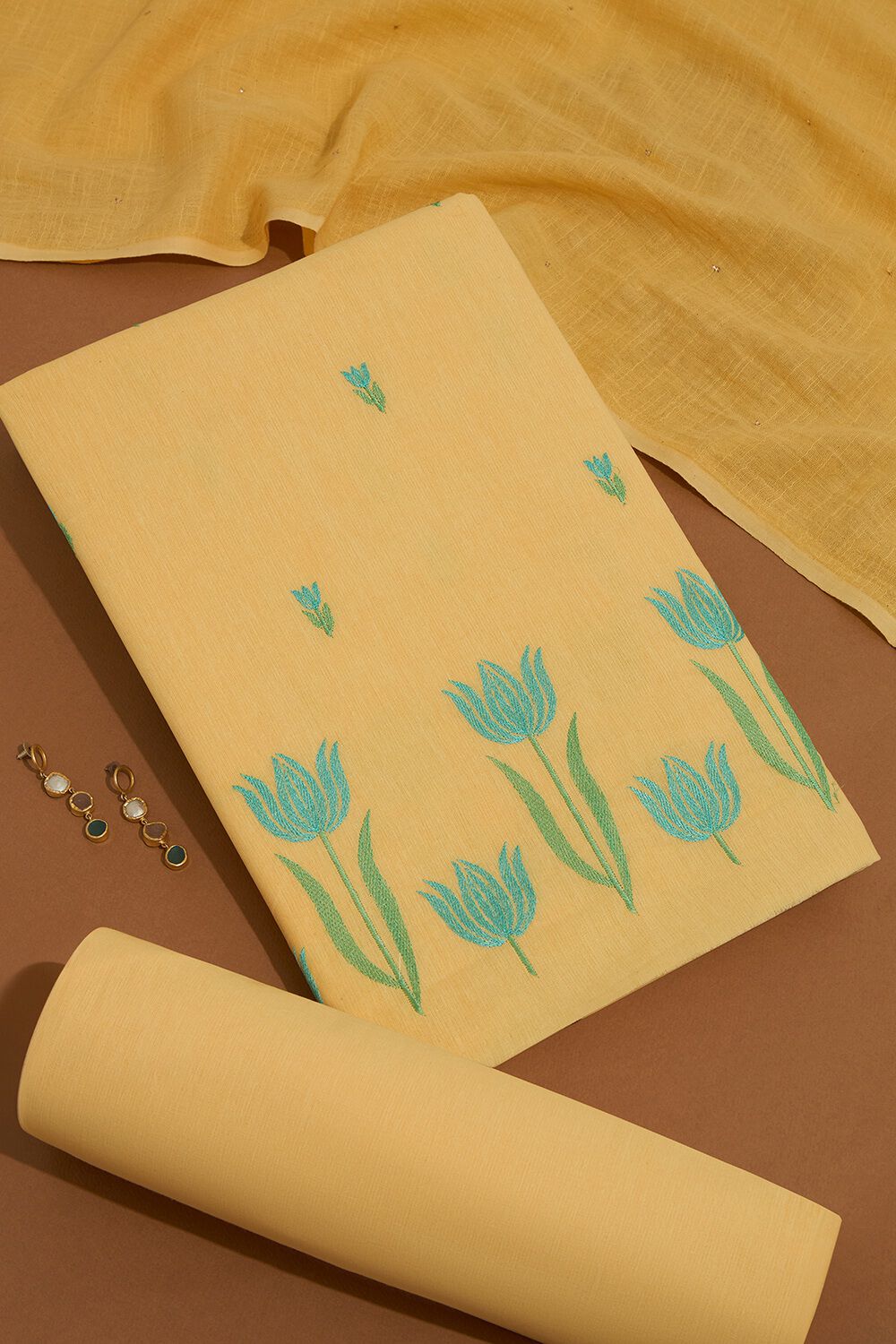 Light Yellow Embroidered Pure Cotton Unstitched Suit Set image number null