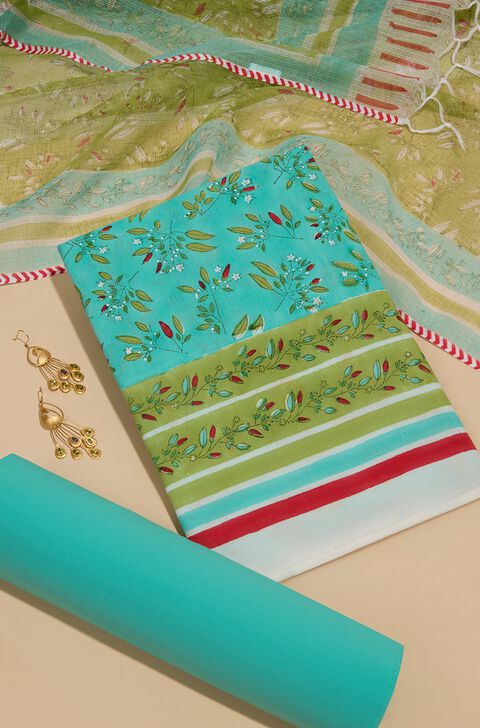 Blue Pure Cotton Printed Sanganeri Unstitched Suit Set