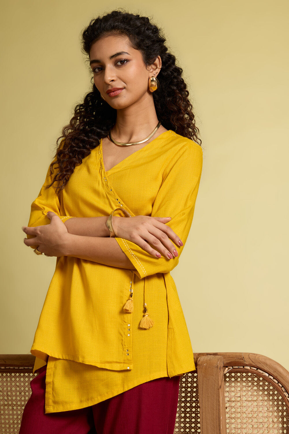 Yellow Viscose Embroidered Short Top image number null
