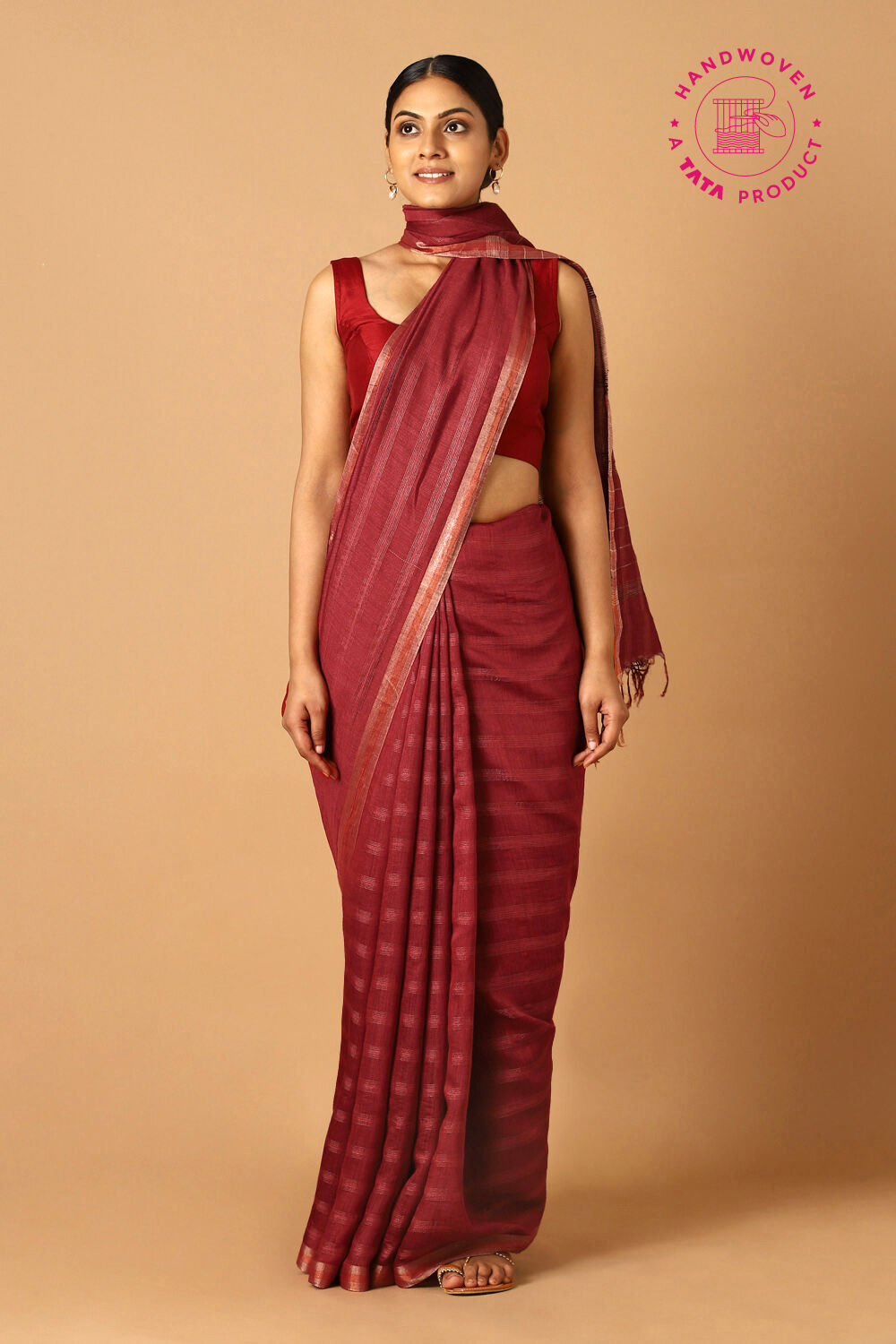 Dark Red Pure Tussar Silk Bhagalpuri Saree image number null