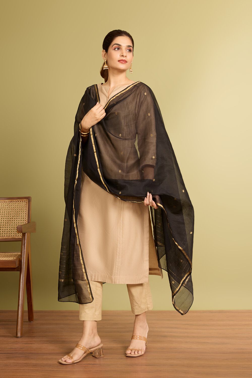 Black Woven Pure Silk Cotton Chanderi Dupatta image number null