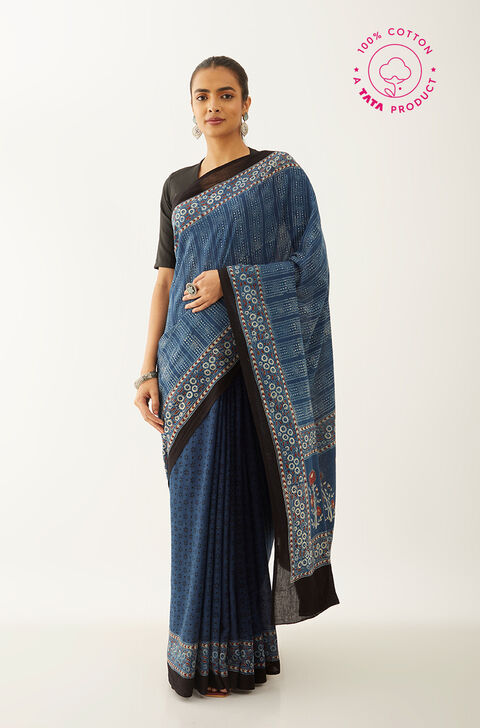 Blue Pure Cotton Ajrakh Block Print Saree
