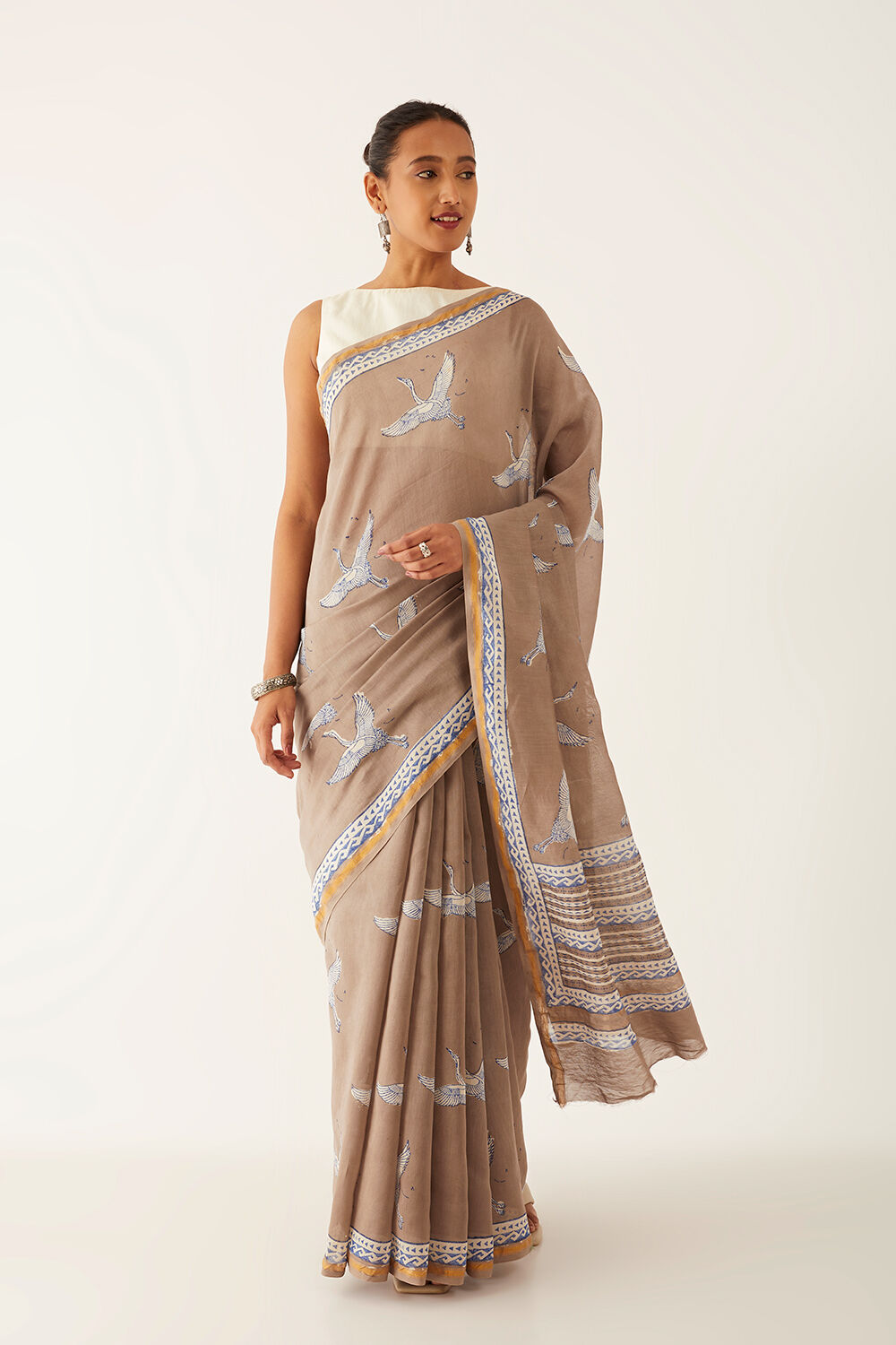 Grey Pure Silk Cotton Bagru Block Printed Saree image number null