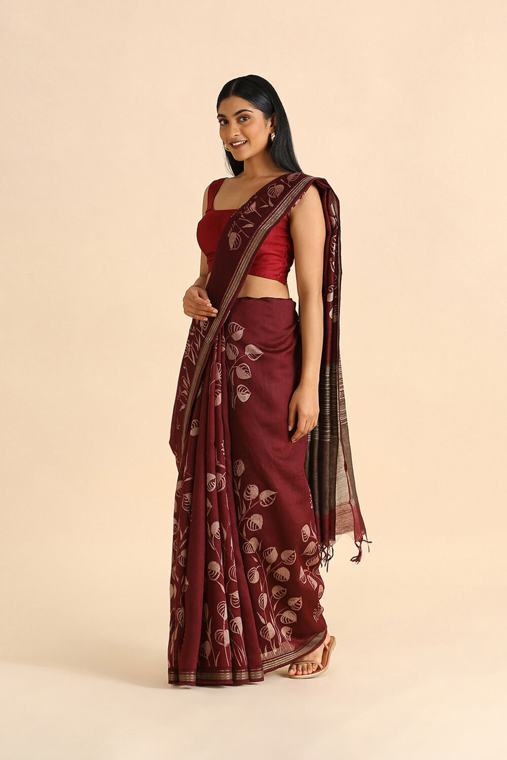 Dark Red Hand Blockprinted Pure Tussar Vanya Saree image number null