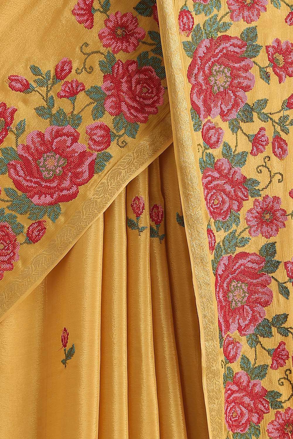Light Pure Yellow Viscose Embroidered Saree image number null