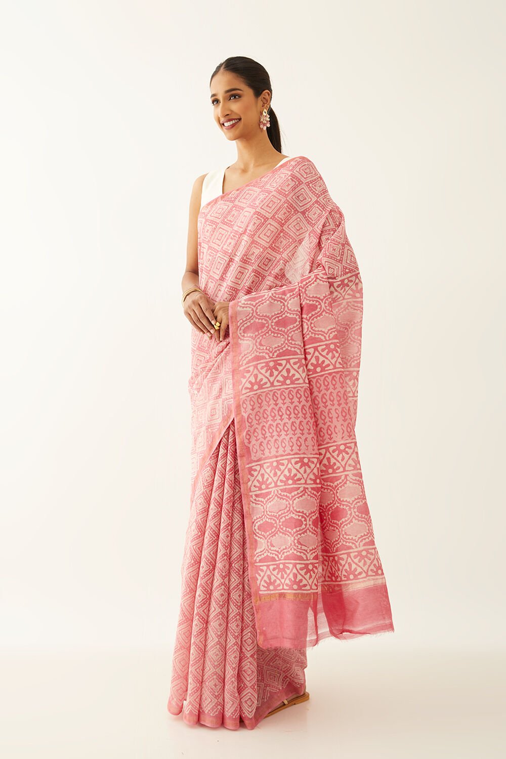 Pink Pure Silk Cotton Dabu Printed Saree image number null