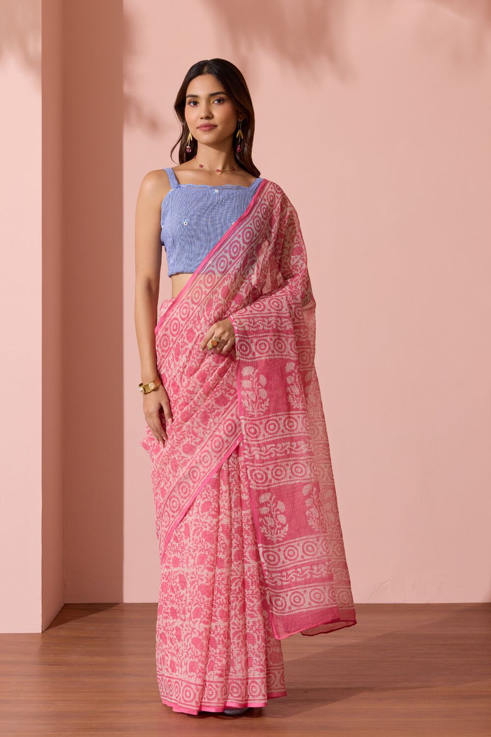 Light Pink Rajasthan Dabu Block Printed Pure Cotton Kota Saree image number null