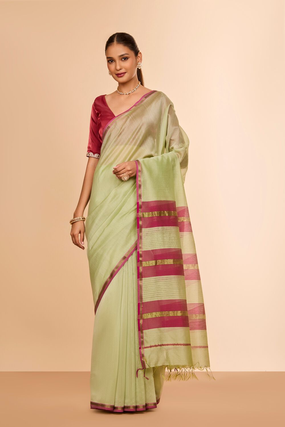 Light Green Woven Pure Silk Cotton Maheshwari Saree image number null