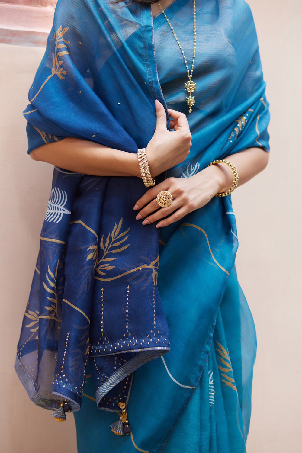 Blue Pure Silk Organza Hand Painted Saree image number null
