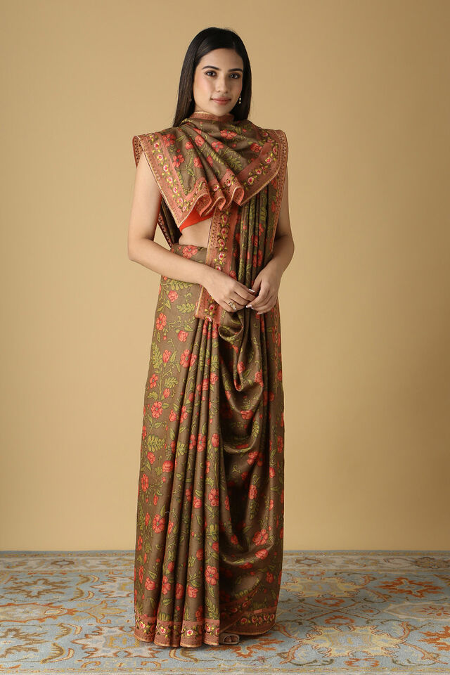 Brown Pure Tussar Silk Printed Saree