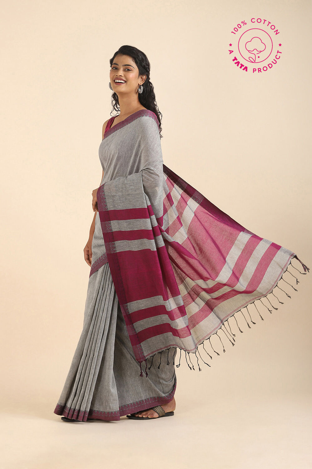 Grey Pure Cotton Bengal Saree image number null