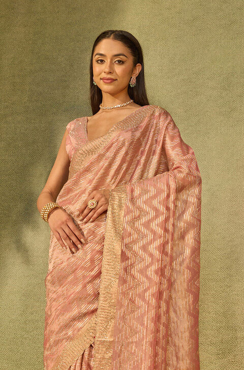 Pink Woven Viscose Tissue Saree