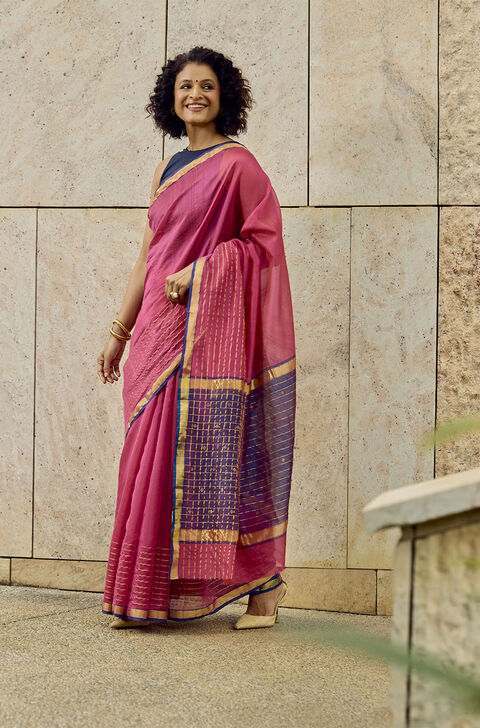 Dark Pink Woven Pure Silk Cotton Chanderi Saree