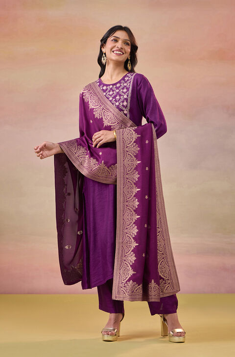 Dark Violet Pure Viscose Embroidered Kurta Set