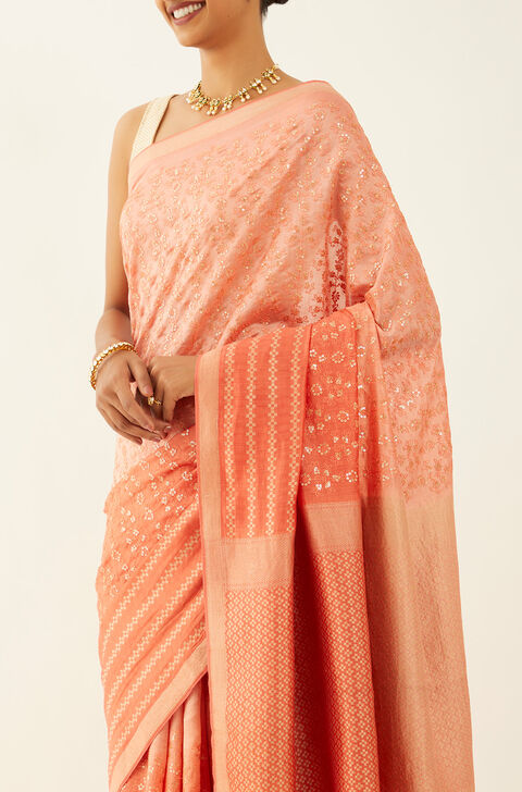 Light Orange Pure Silk Organza Banaras Saree