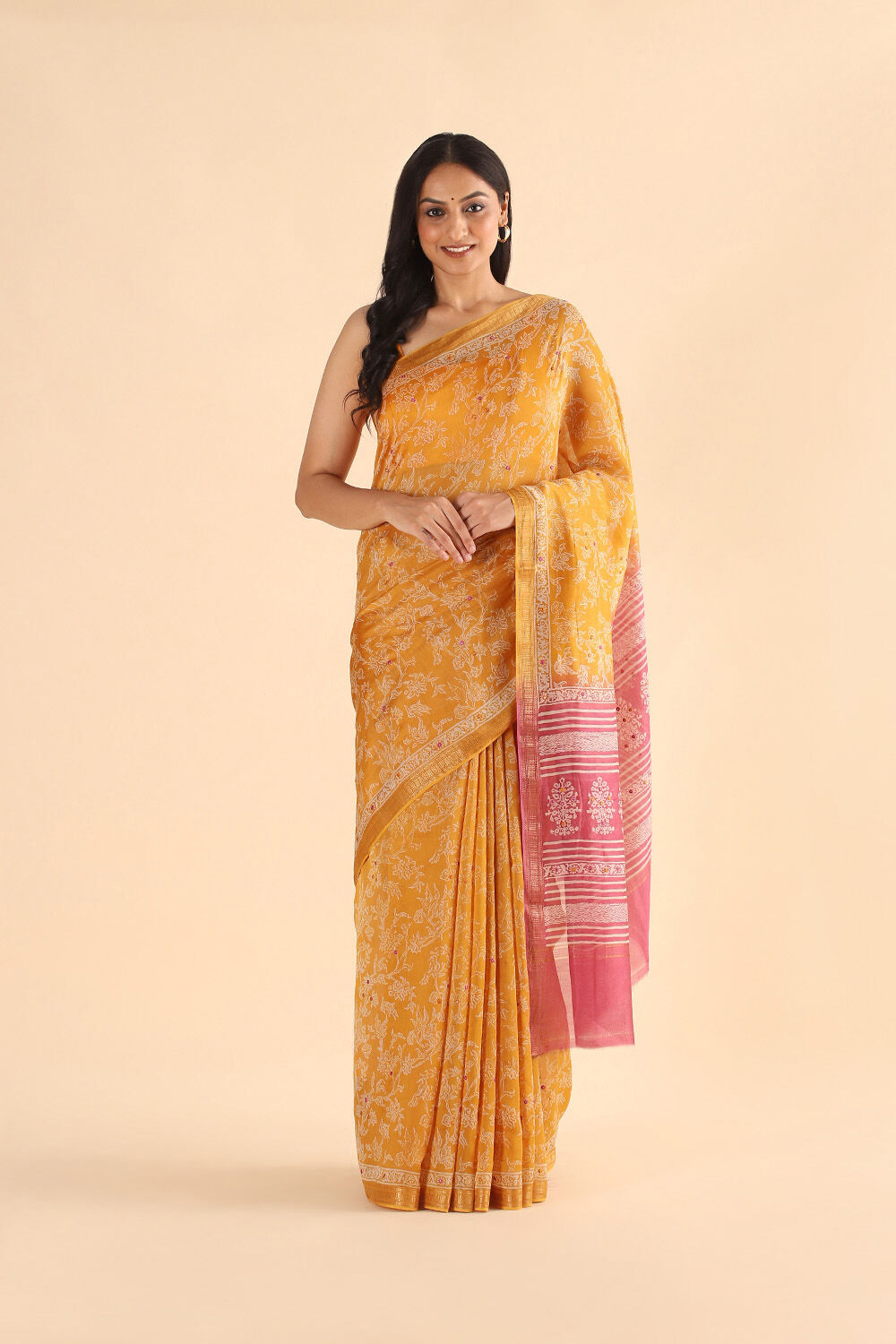 Yellow Pure Silk Cotton Embroidered Saree image number null