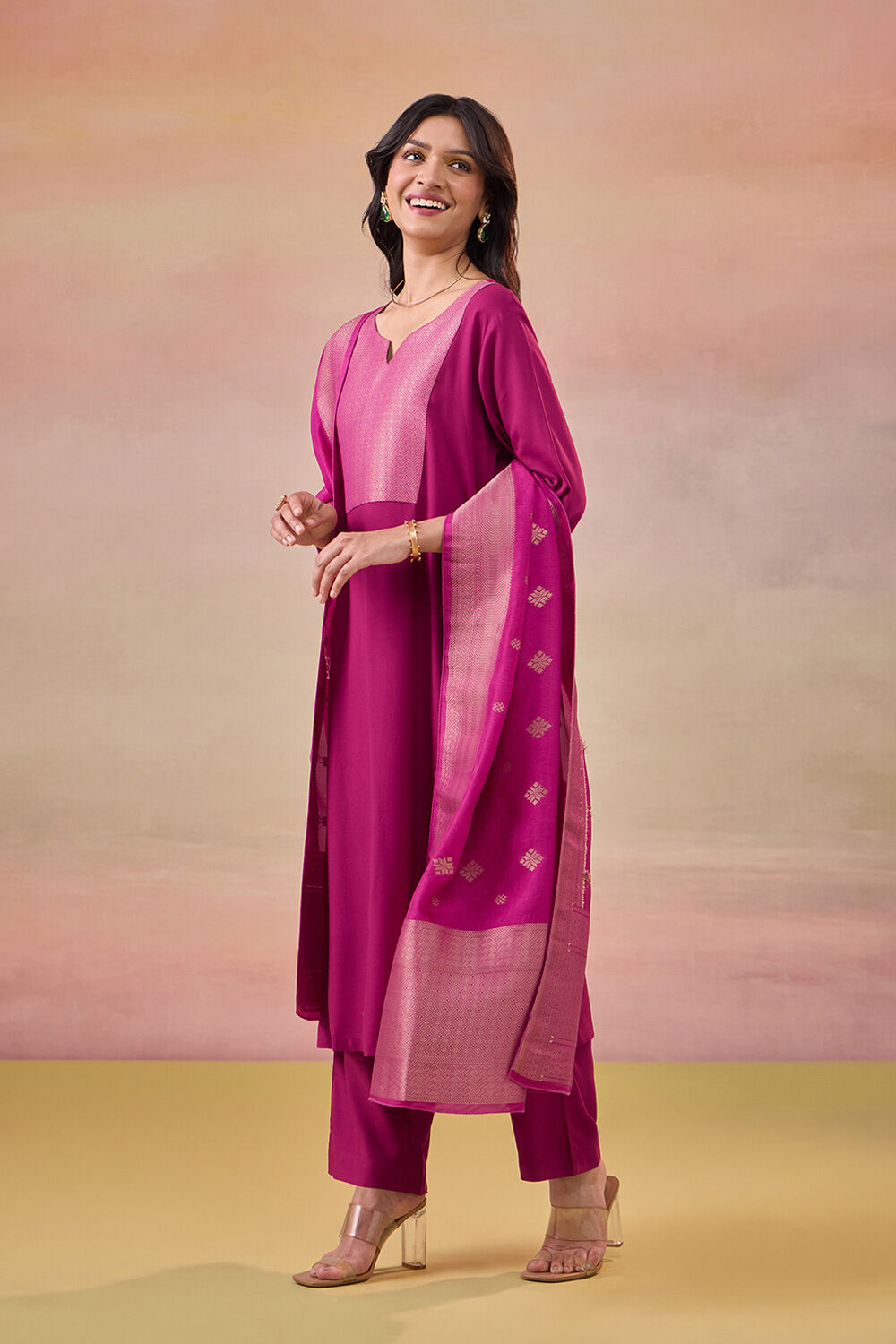 Dark Pink Brocade Pure Viscose Kurta Set image number null