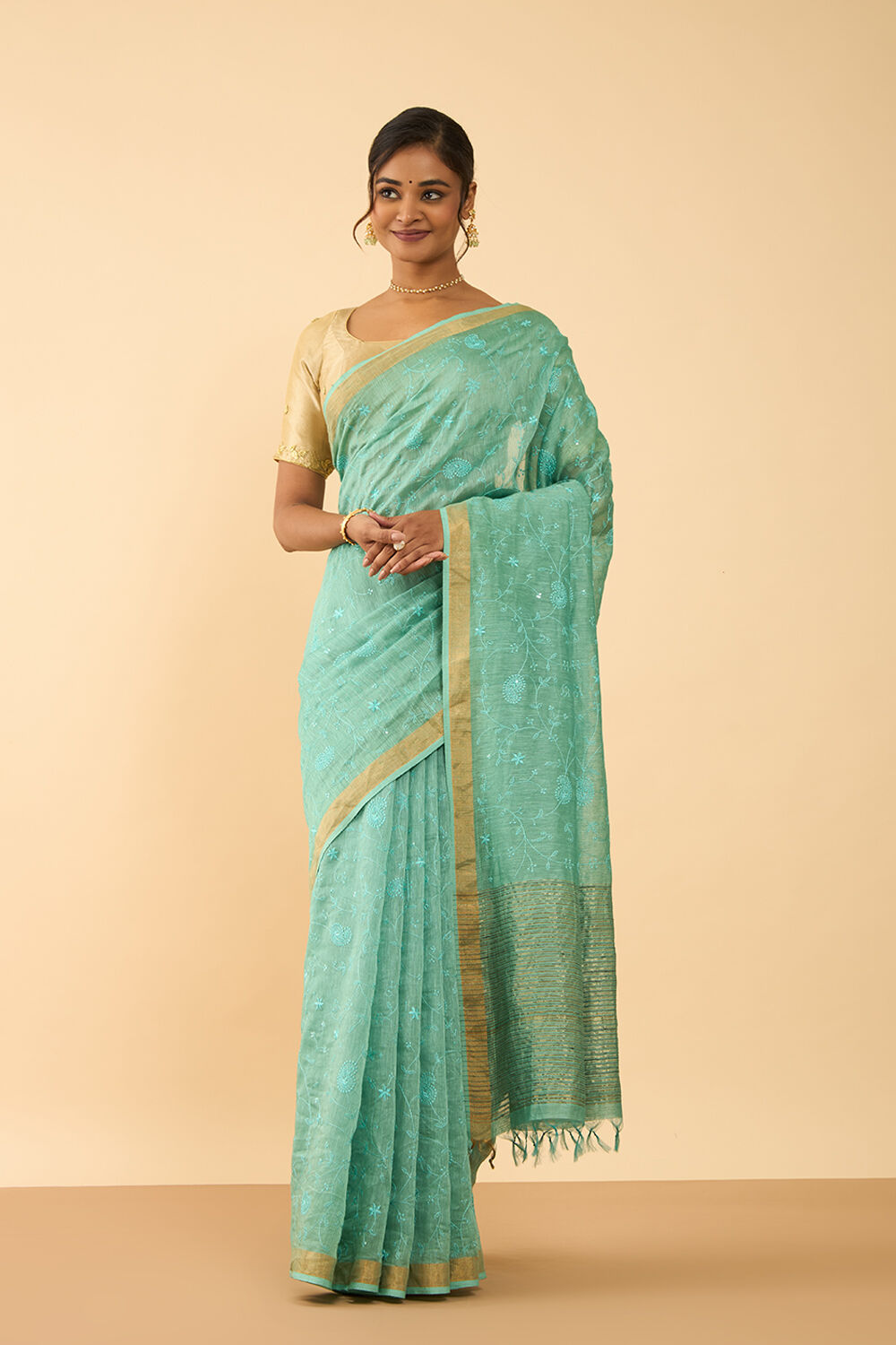 Light Green Bhagalpur Pure Silk Linen Embroidered Saree image number null