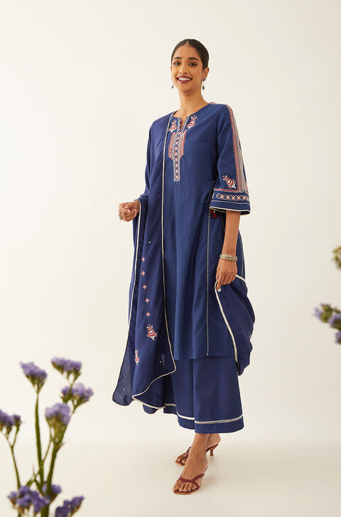 Blue Viscose Embroidered Kurta Set