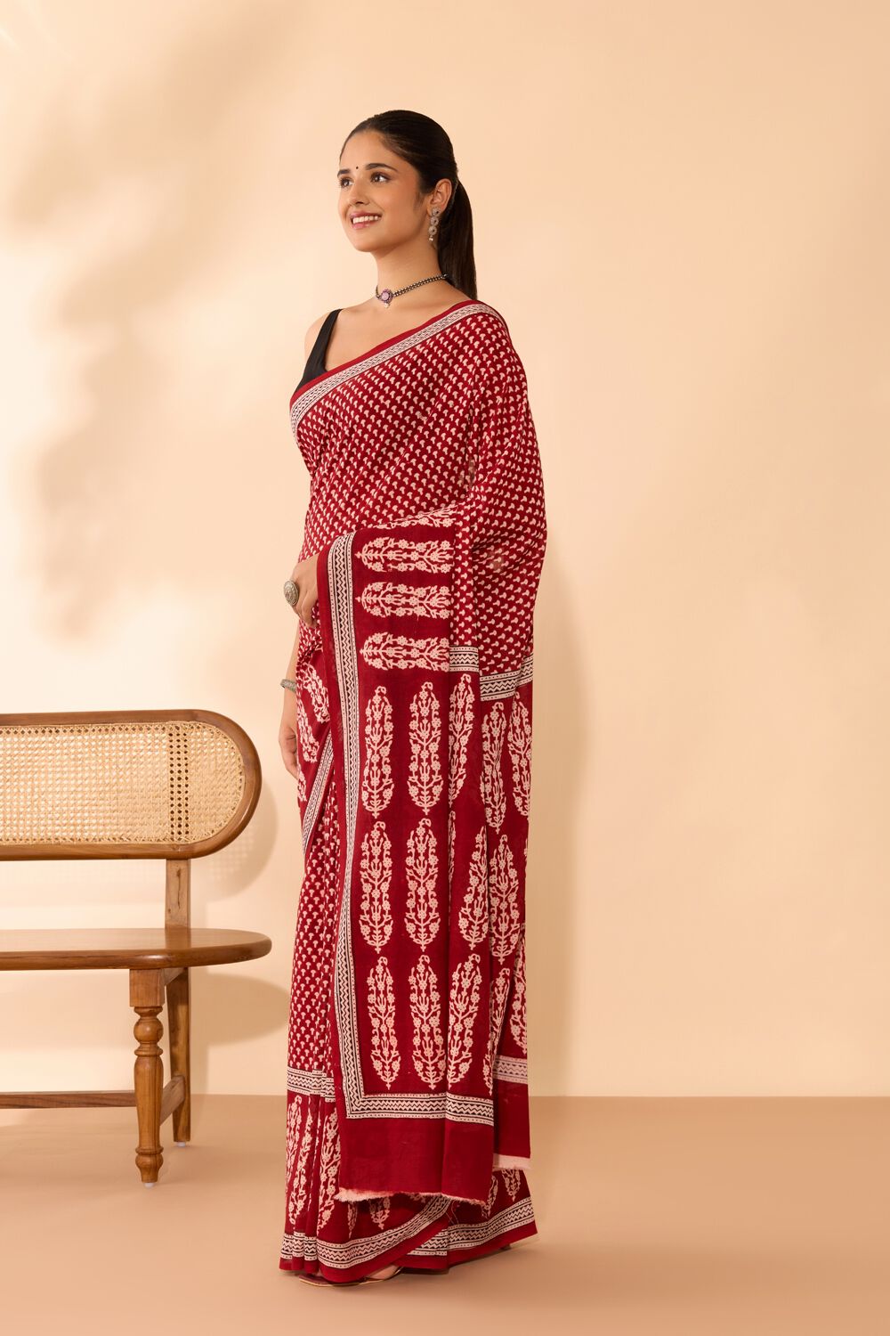Red Bagh Block Printed Pure Cotton Saree image number null
