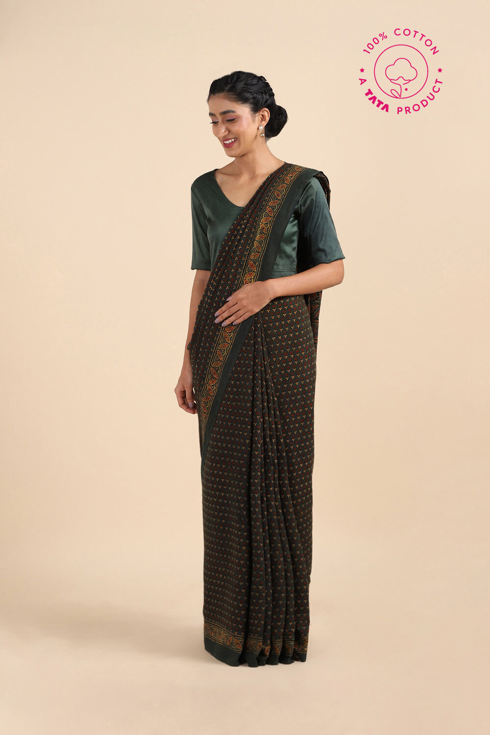 Green Pure Cotton Ajrakh Printed Saree image number null