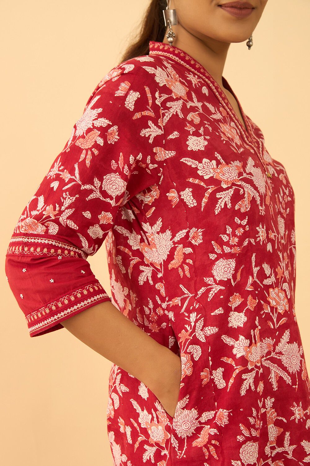 Red Pure Cotton Printed Sanganeri Kurta image number null