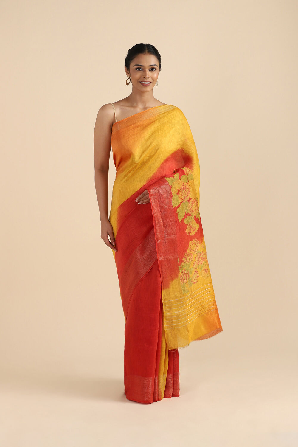 Yellow Pure Silk Linen Digital Printed Saree image number null