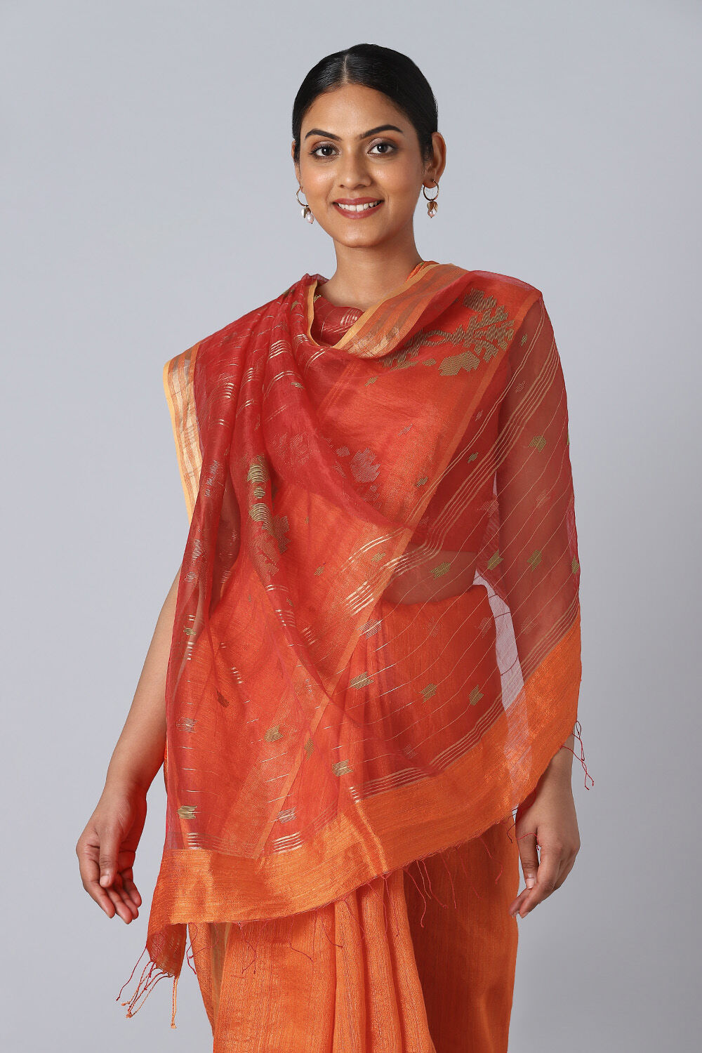 Orange Pure Silk Vanya Bengal Jamdani Saree image number null