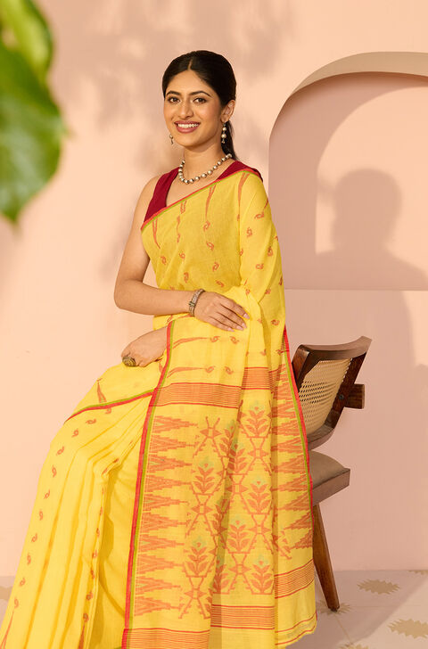 Yellow Pure Cotton Cutwork Bengal Saree