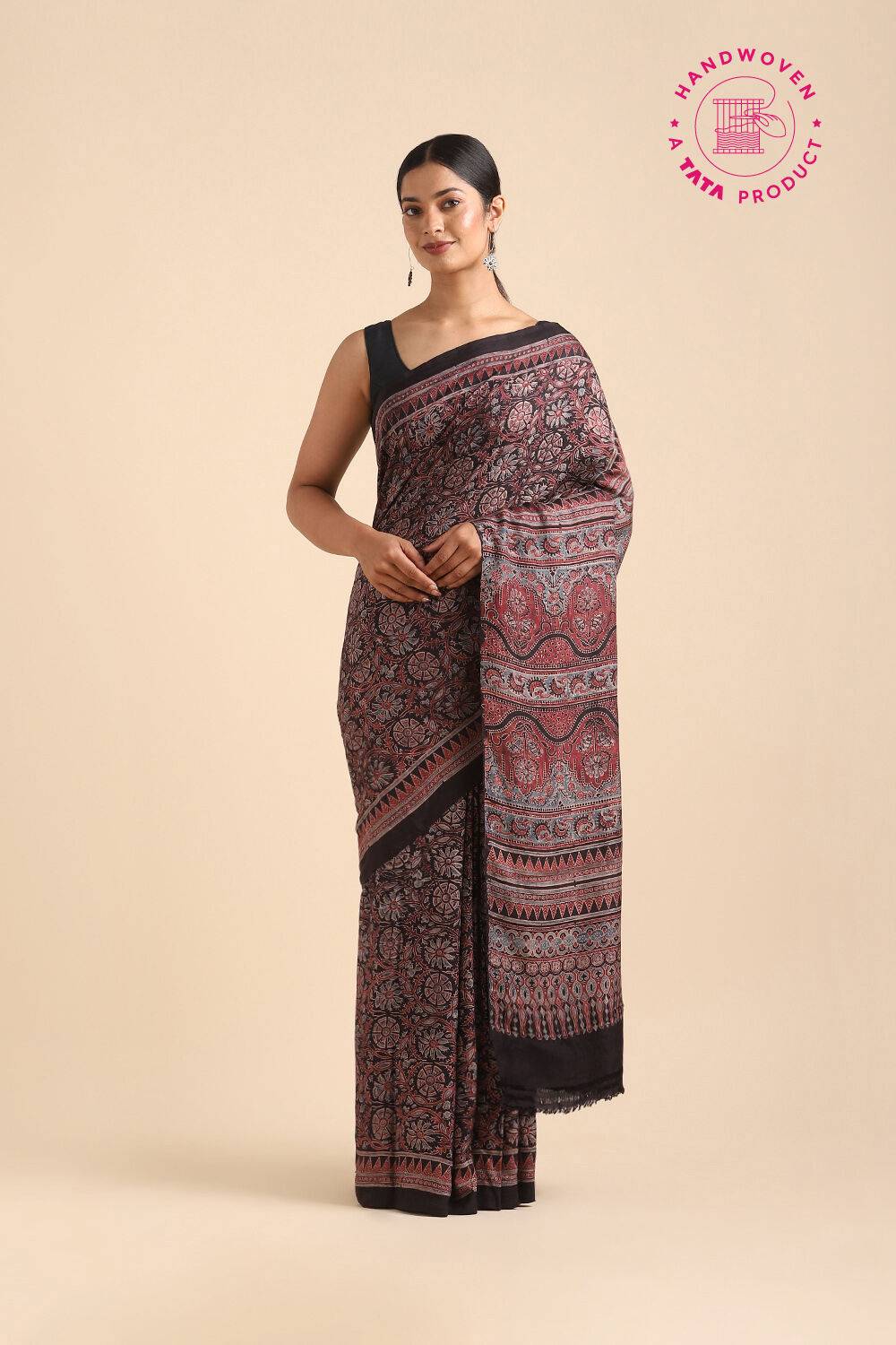 Black Pure Khadi Silk Ajrakh Printed Saree image number null
