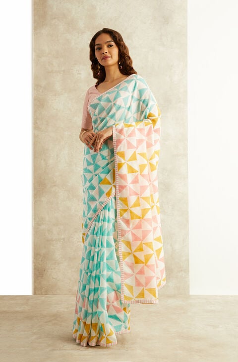 Blue Block Printed Viscose Luxe Rajasthan Saree
