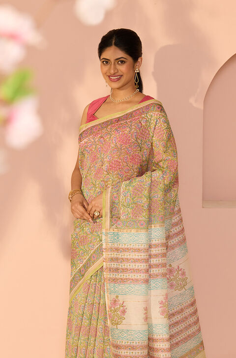 Green Bagru Pure Silk Cotton Printed Sanganeri Saree
