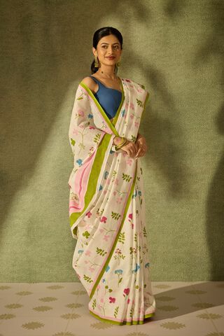 Off White Screen Printed Pure Linen Saree thumbnail image number null