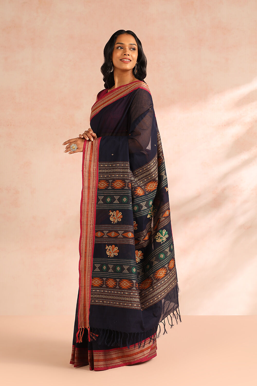 Navy Woven Pure Cotton Saree image number null