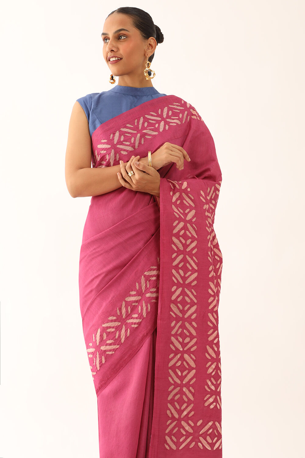 Dark Pink Craft Pure Tussar Silk Applique Saree image number null