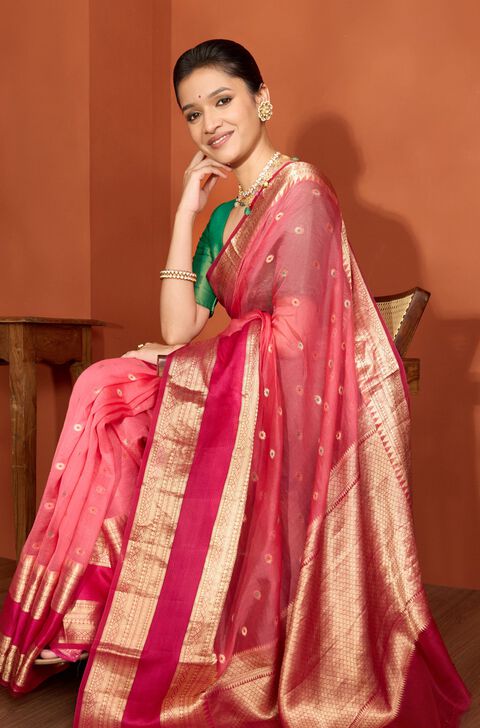 Light Pink Pure Silk Organza Cutwork Banarasi Saree