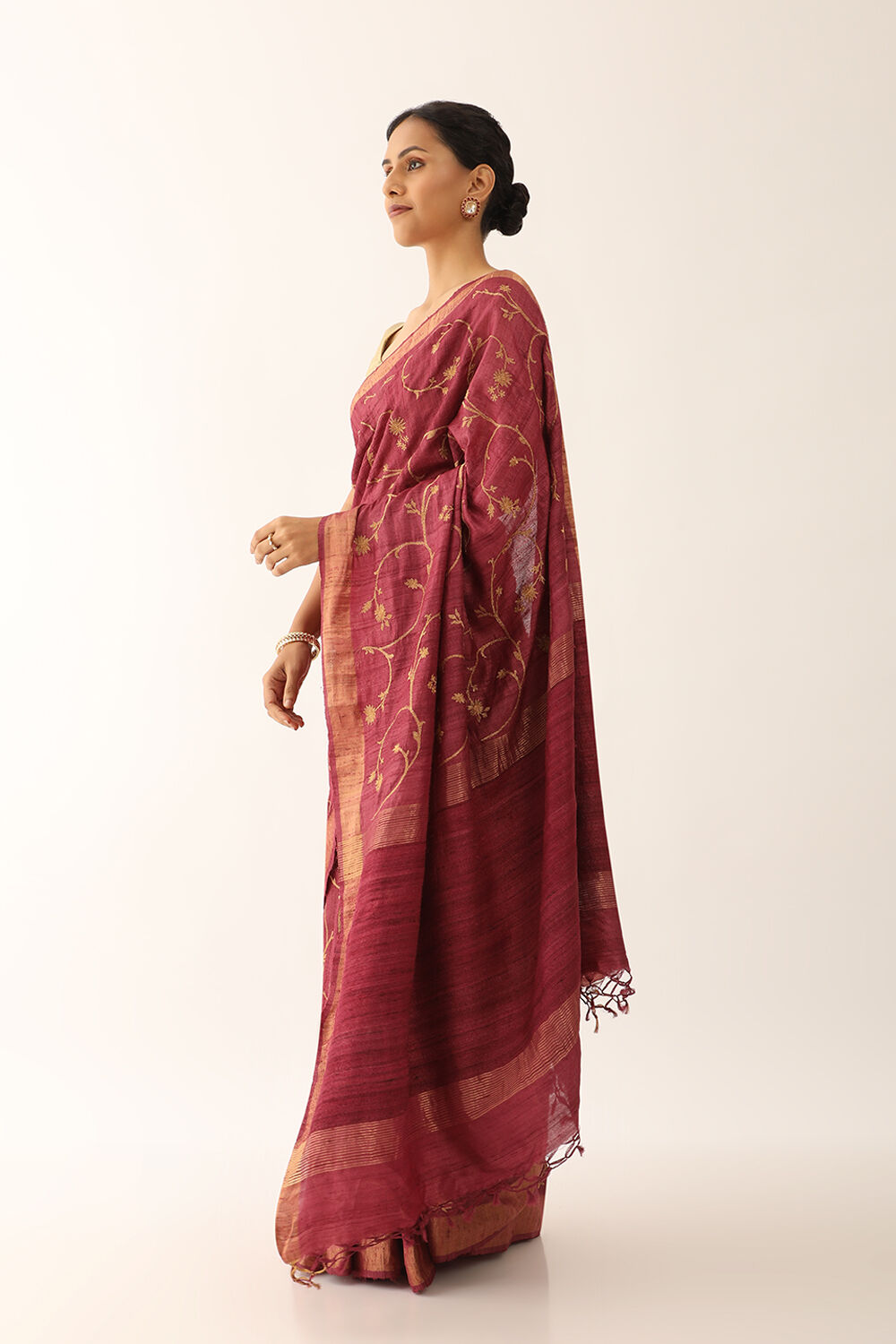 Dark Pink Pure Tissue Tussar Embroidered Saree image number null