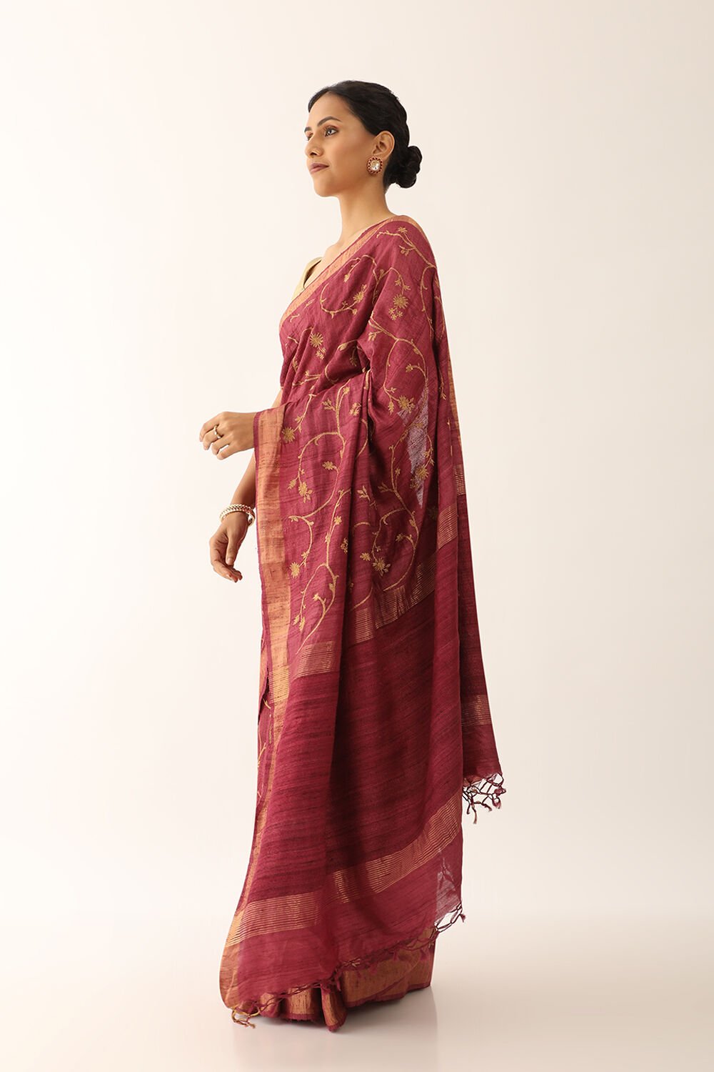 Dark Pink Pure Tissue Tussar Embroidered Saree image number null