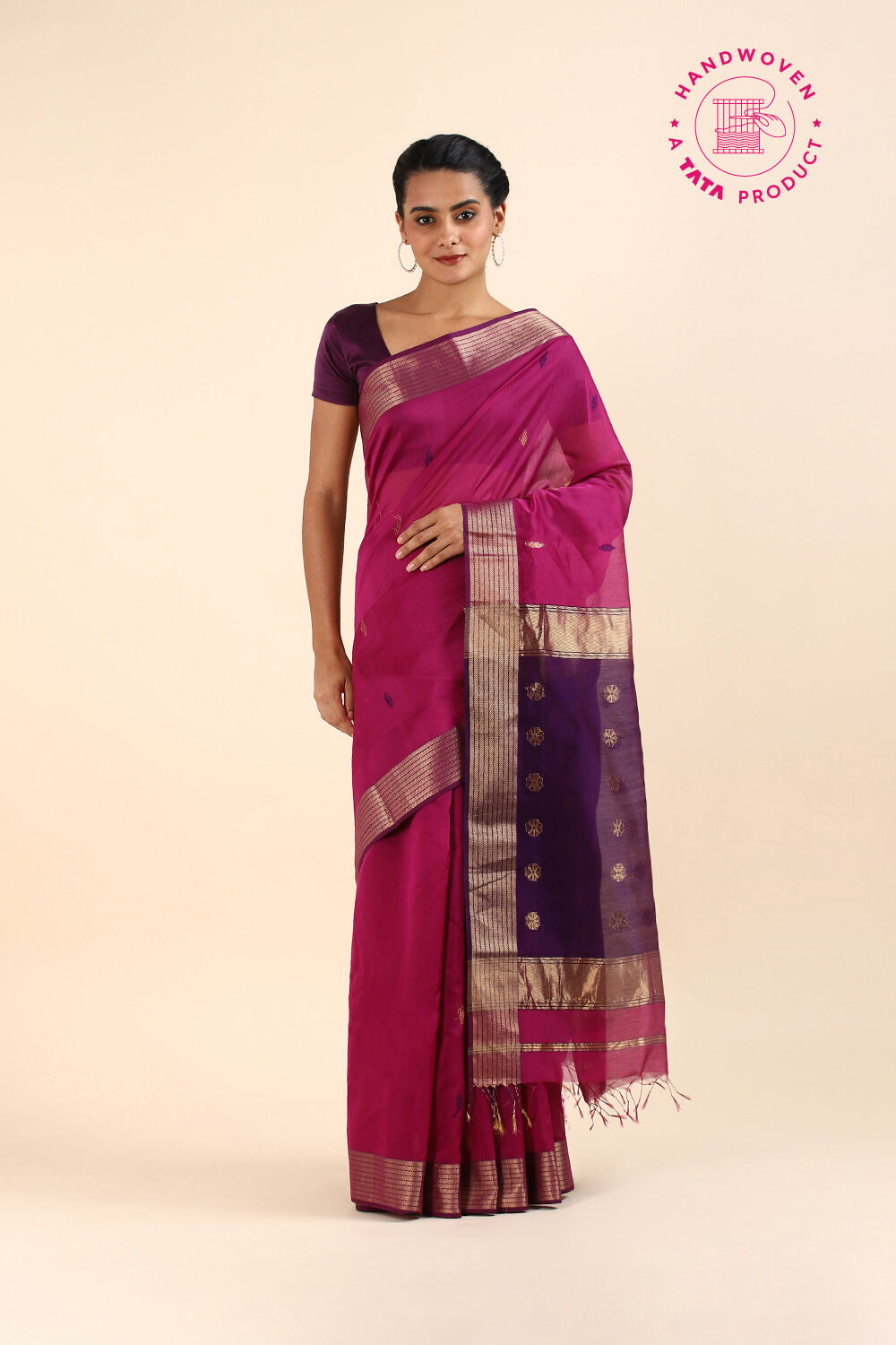 Dark Pink Pure Silk Cotton Maheswari Saree image number null