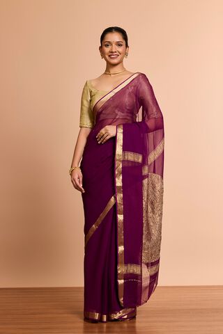 Purple Woven Pure Silk Chiffon Saree thumbnail image number null