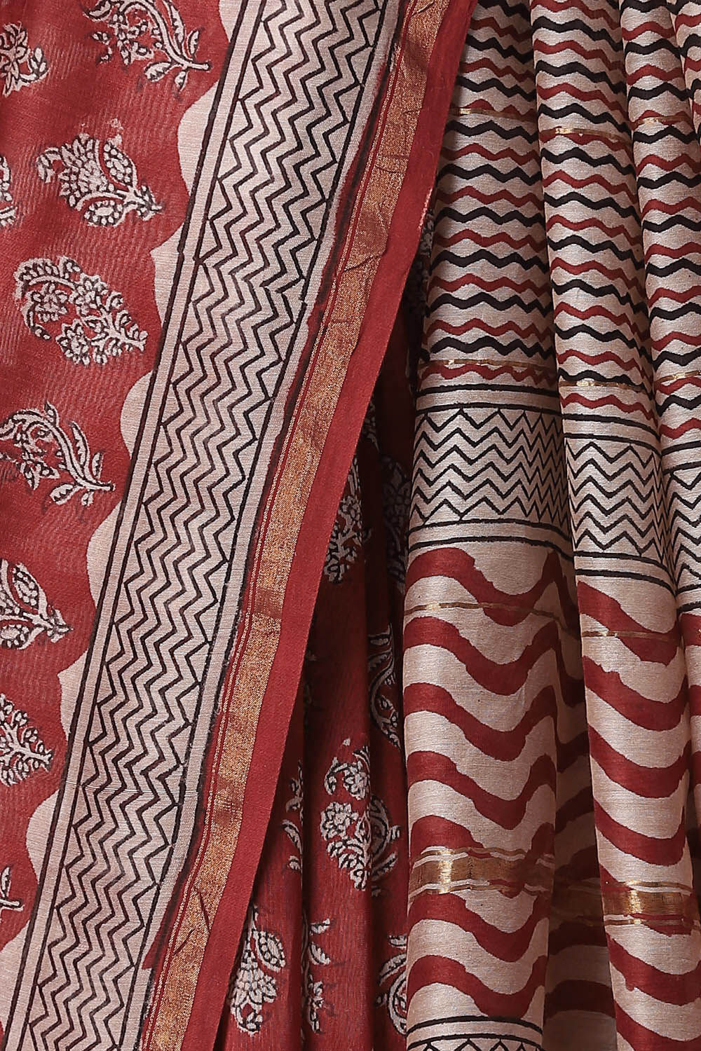 Dark Red Pure Silk Cotton Bagru Printed Saree image number null
