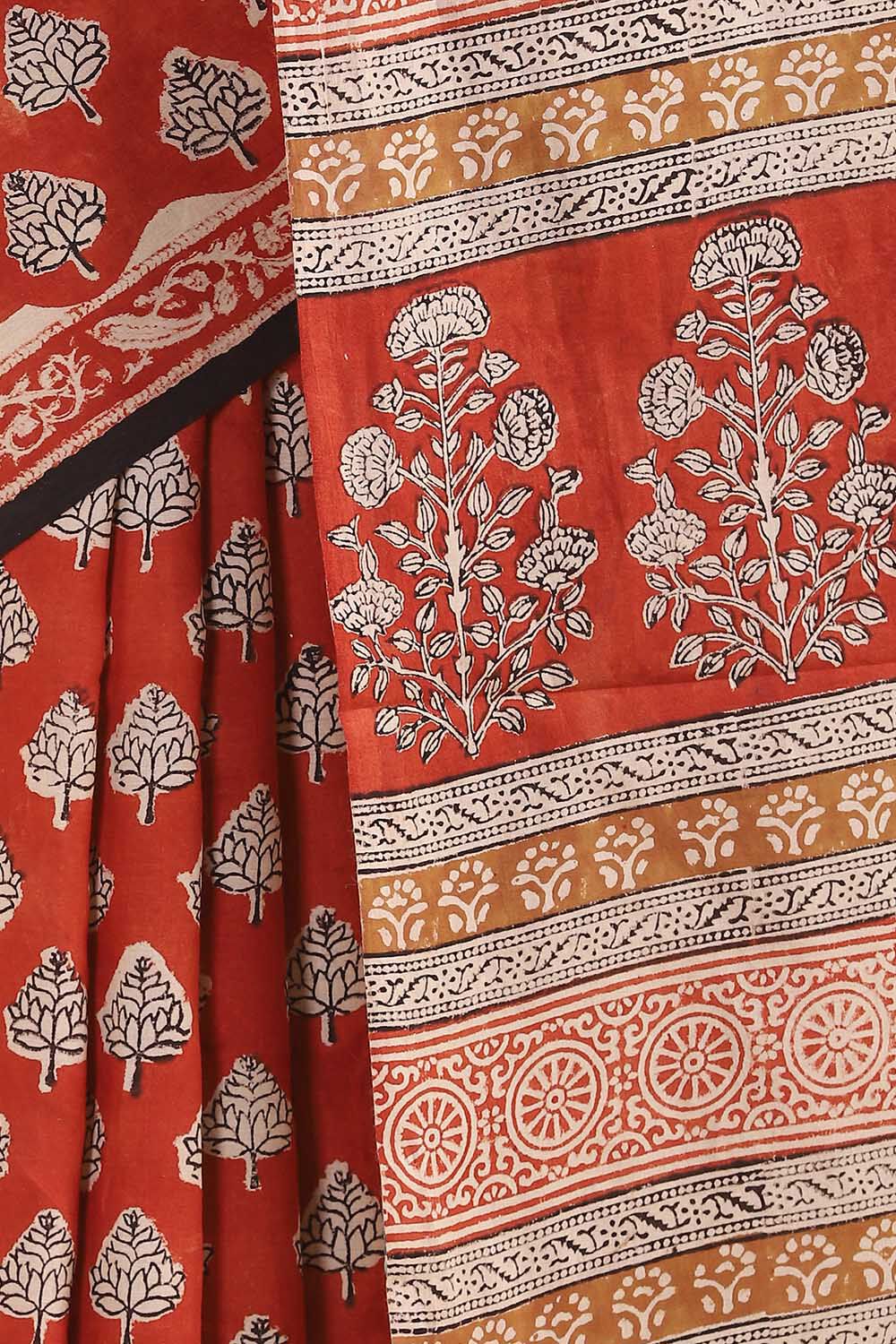 Dark Red Pure Cotton Bagru Printed Saree image number null