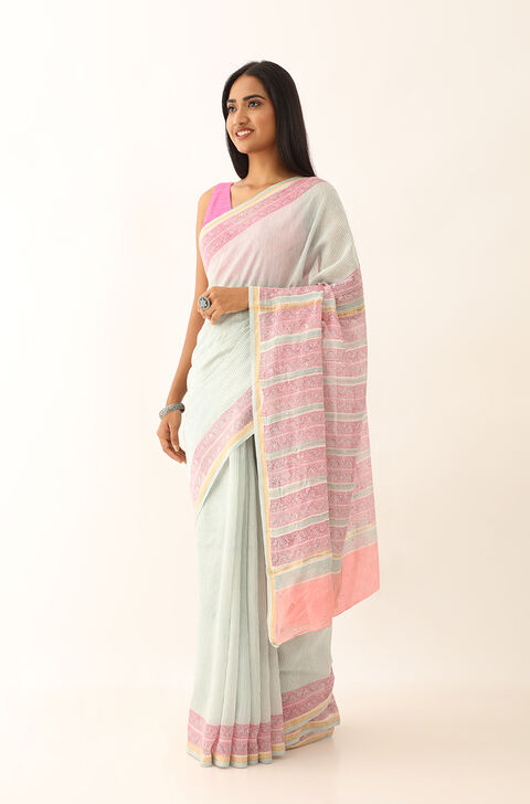 Light Blue Pure Silk Cotton Bagru Mukaish Saree